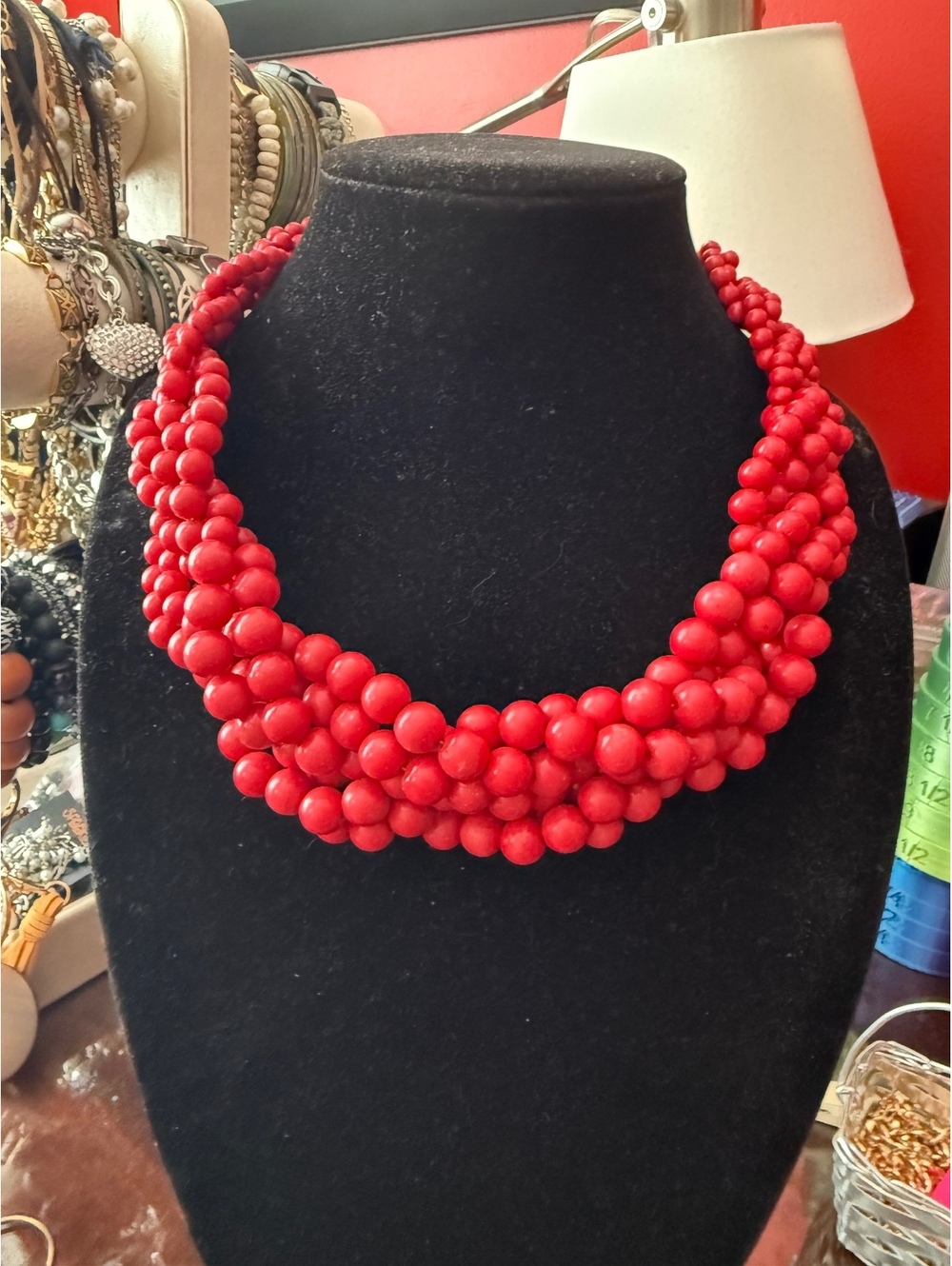 Vintage Chunky Cherry Red Multi-Strand Beaded Bib Statement Necklace